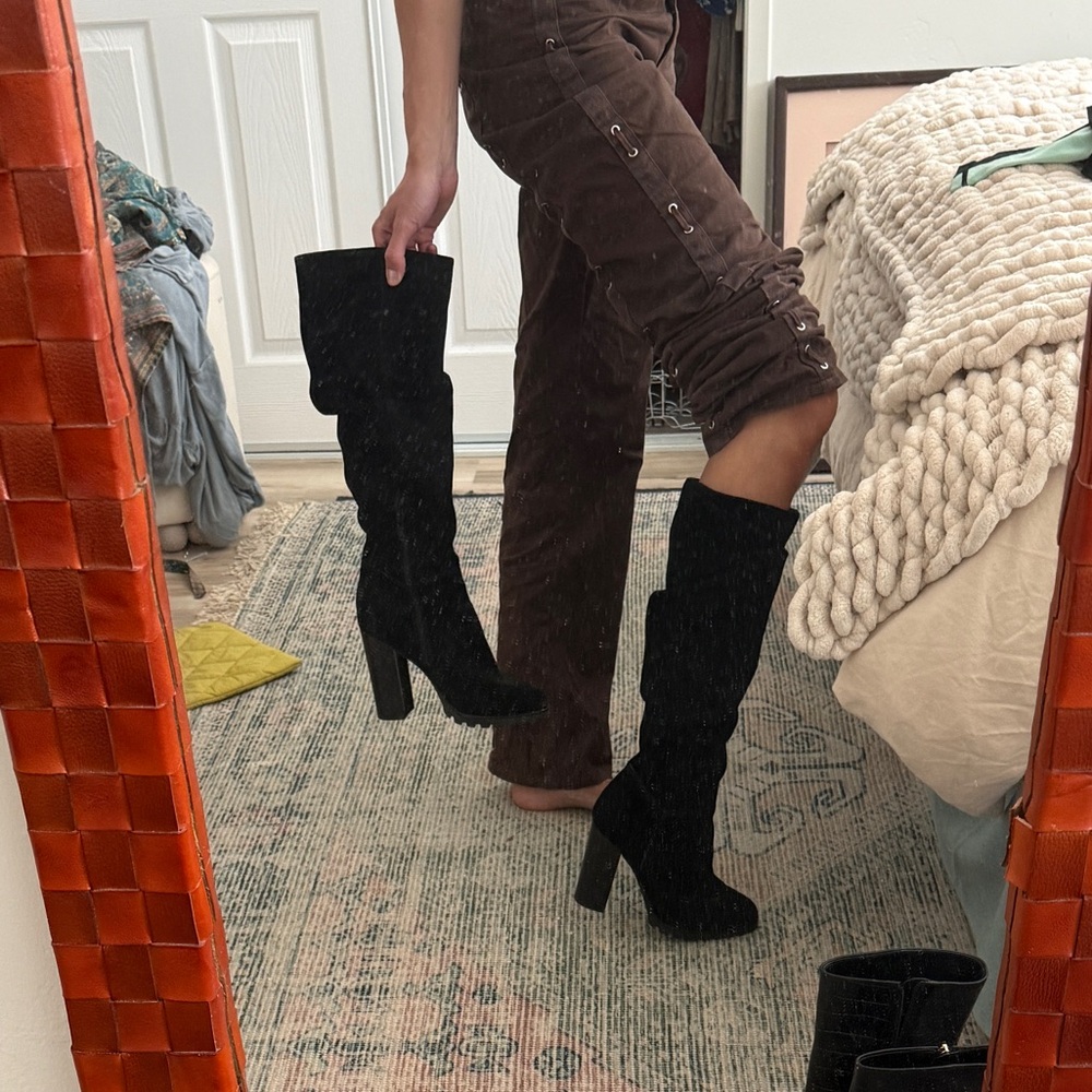 Black Suede High-Heel Mid-Calf Boots